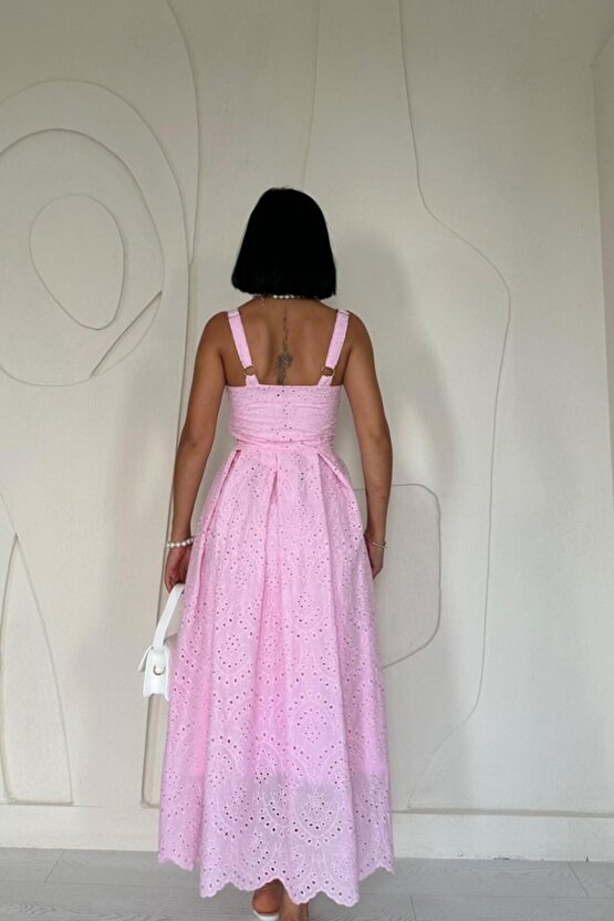 Gökyüzü Moda Pembe Askılı Aparatlı Brode Elbise
