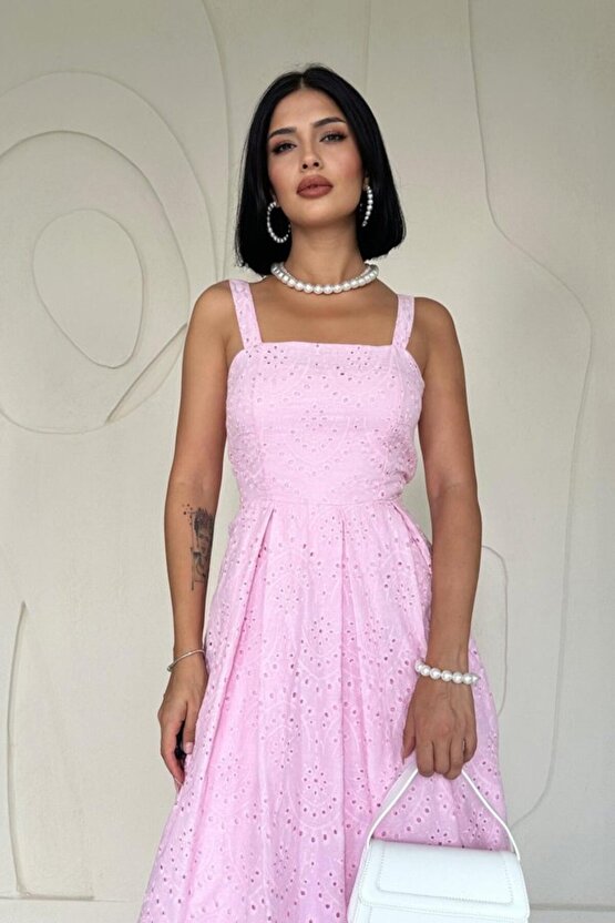 Gökyüzü Moda Pembe Askılı Aparatlı Brode Elbise