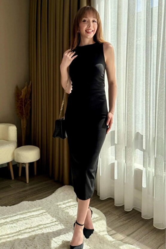 Gökyüzü Moda Kadın Sıfır Kol Sıfır Yaka Drape Detaylı Midi Janjan Krep Elbise