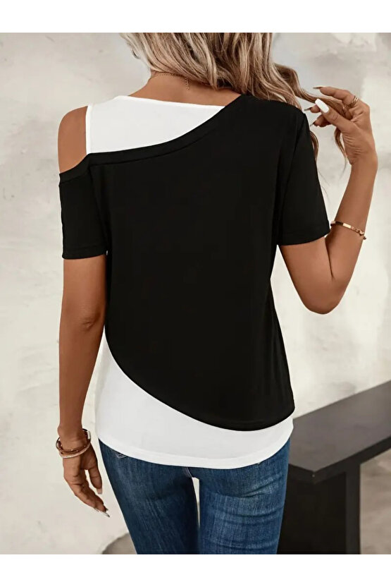 Gökyüzü Moda Kadın Kısa Kollu Geometrik Kesin Detaylı çift Renkli Viskon Bluz