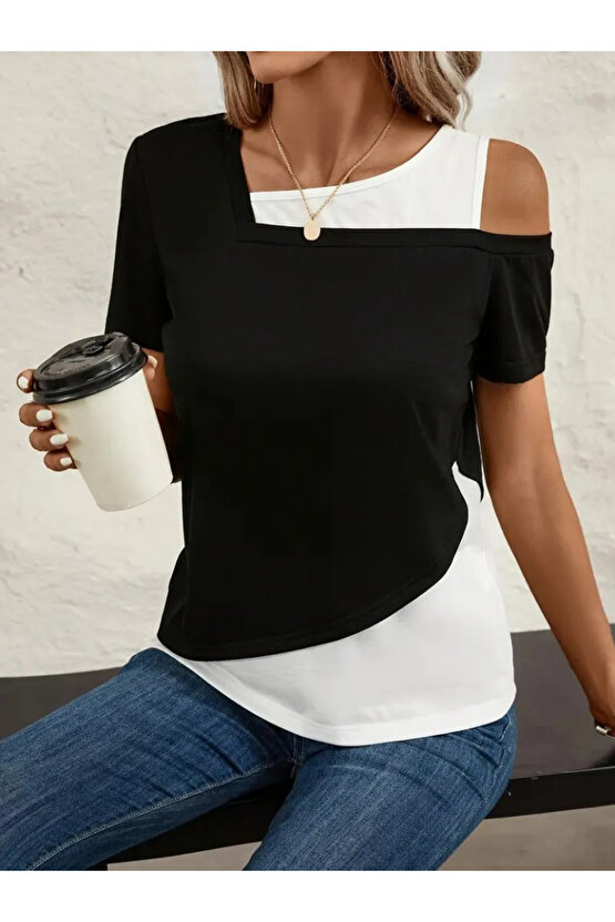 Gökyüzü Moda Kadın Kısa Kollu Geometrik Kesin Detaylı çift Renkli Viskon Bluz