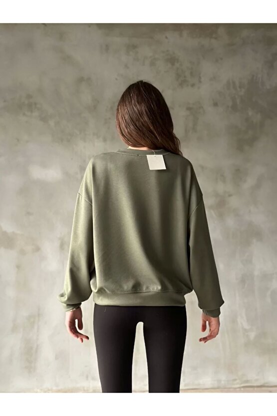 Osy Modal Yumuşak dokulu Kumaş Bisiklet Yaka Oversize Sweatshirt - Haki