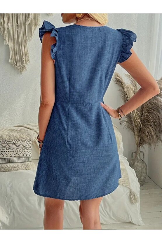 Gökyüzü Moda Kadın Fırfır Kollu V Yakalı Düğmeli Keten Elbise