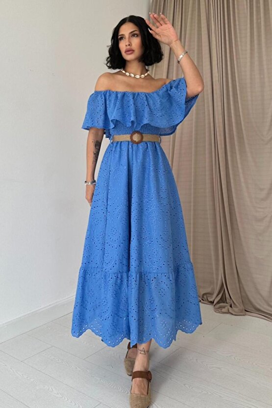 Gökyüzü Moda Bebe Mavi Omzu Lastikli Brode Elbise