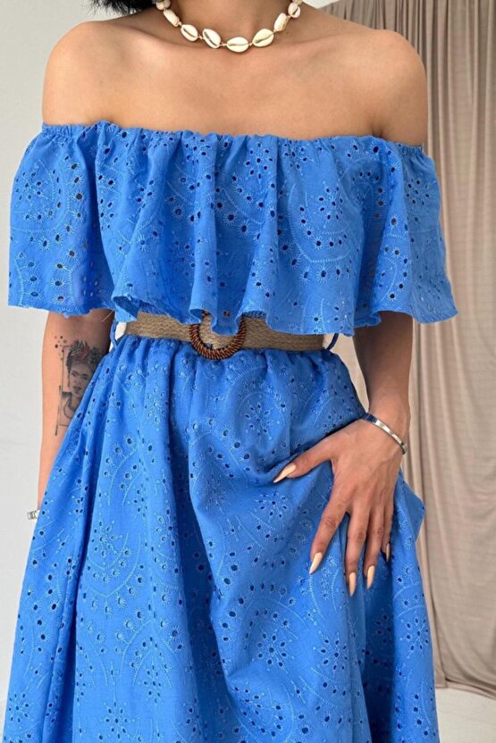 Gökyüzü Moda Bebe Mavi Omzu Lastikli Brode Elbise
