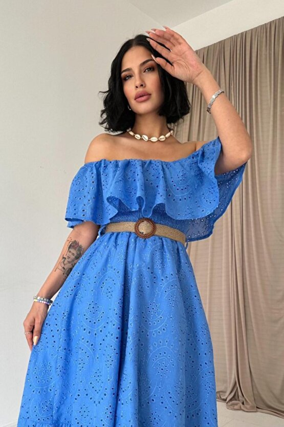 Gökyüzü Moda Bebe Mavi Omzu Lastikli Brode Elbise