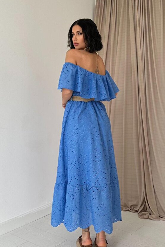 Gökyüzü Moda Bebe Mavi Omzu Lastikli Brode Elbise