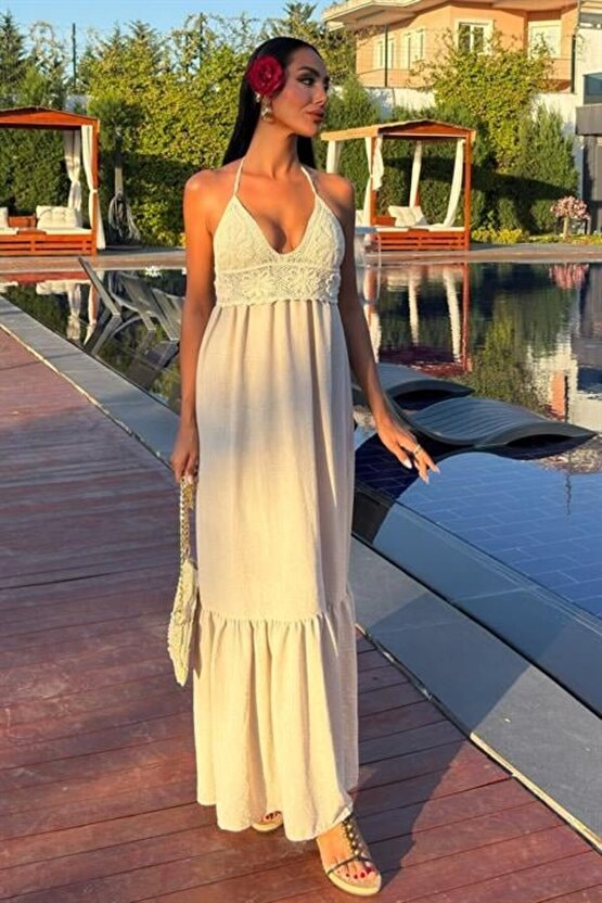 Gökyüzü Moda Göğsü Trikolu Keten Uzun Elbise 2904-08