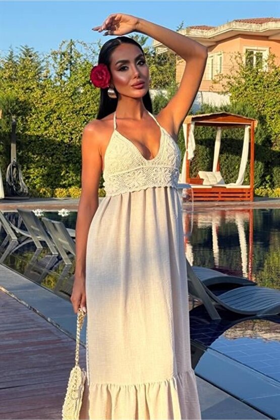 Gökyüzü Moda Göğsü Trikolu Keten Uzun Elbise 2904-08