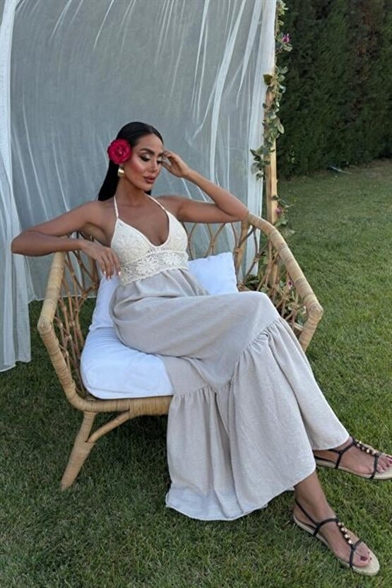 Gökyüzü Moda Göğsü Trikolu Keten Uzun Elbise 2904-08