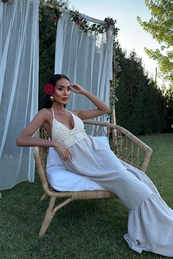 Gökyüzü Moda Göğsü Trikolu Keten Uzun Elbise 2904-08