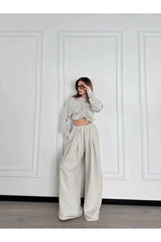 eyesof Uzun Kollu Önü İp Büzgülü Crop Ve Pantolon İkili Takım - Gri