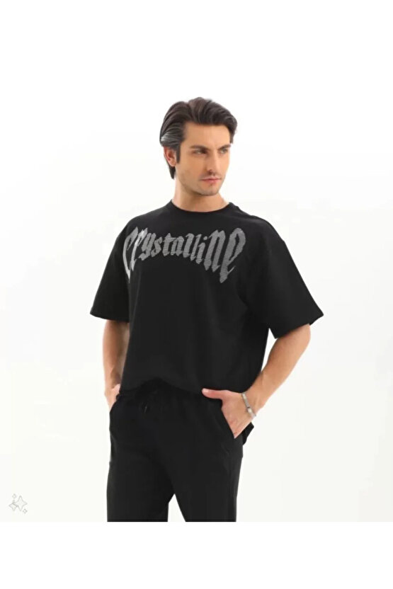 eyesof Unisex Oversize Taşlı T-Shirt - Siyah