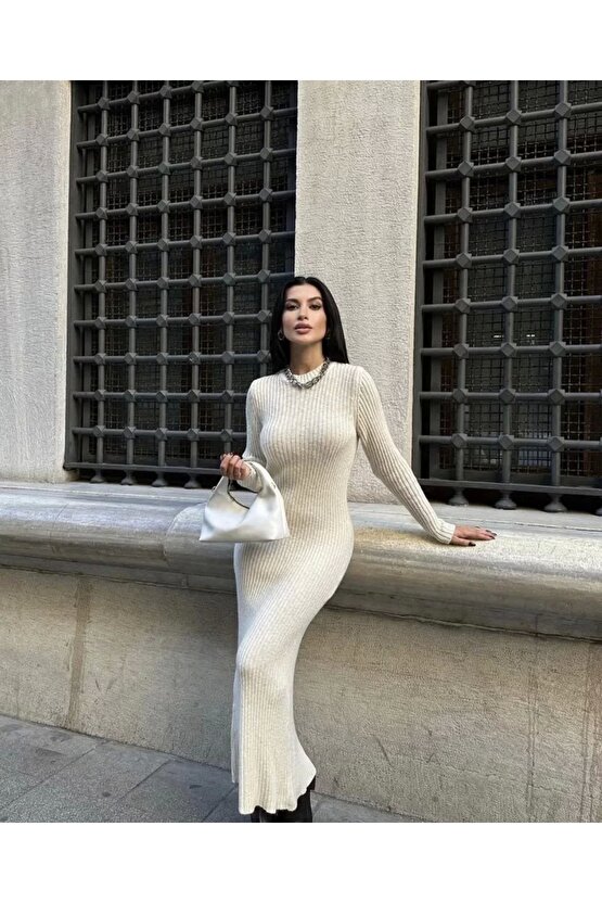 Bisiklet Yaka Fitilli Uzun Elbise - Beyaz