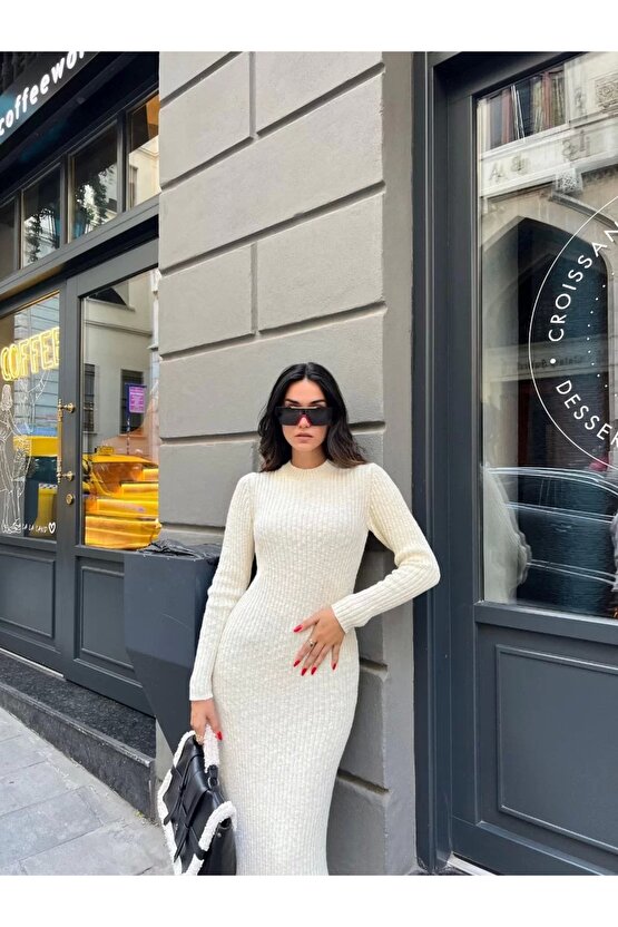 Bisiklet Yaka Fitilli Uzun Elbise - Beyaz