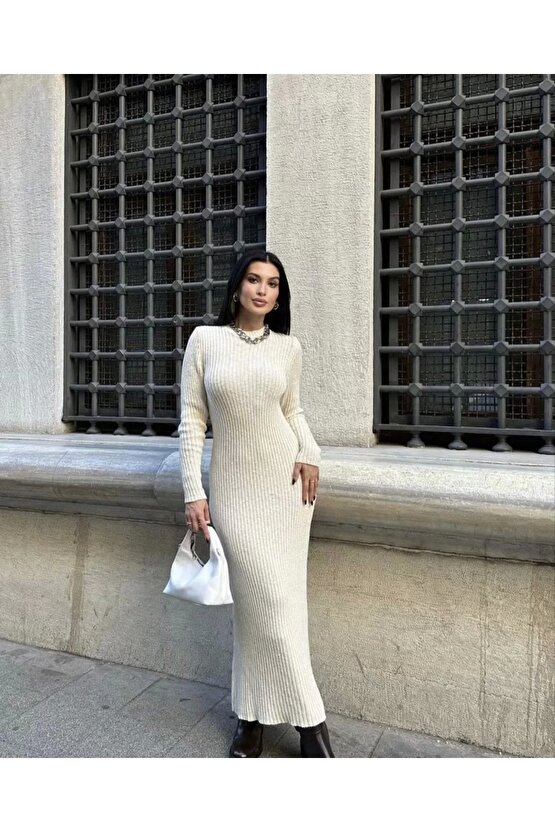 Bisiklet Yaka Fitilli Uzun Elbise - Beyaz