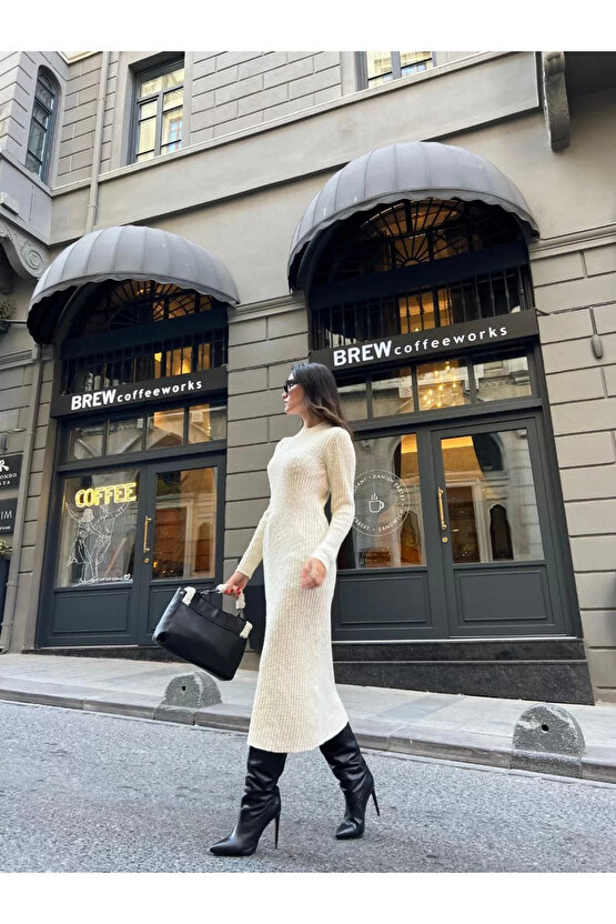 Bisiklet Yaka Fitilli Uzun Elbise - Beyaz