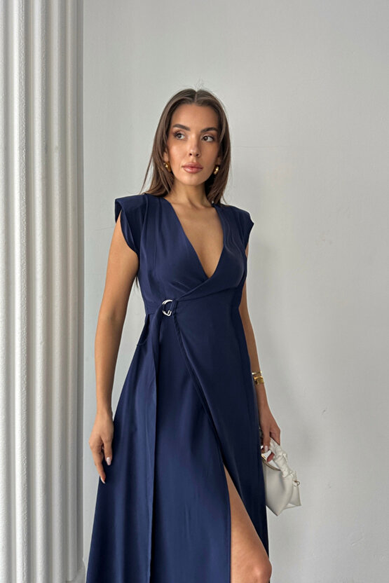 Gökyüzü Moda KRUVAZE VATKALI KOLSUZ ELBİSE MODAL KUMAŞ - Lacivert