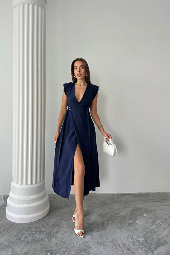 Gökyüzü Moda KRUVAZE VATKALI KOLSUZ ELBİSE MODAL KUMAŞ - Lacivert