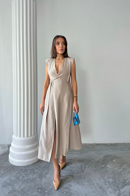 Gökyüzü Moda KRUVAZE VATKALI KOLSUZ ELBİSE MODAL KUMAŞ - Bej