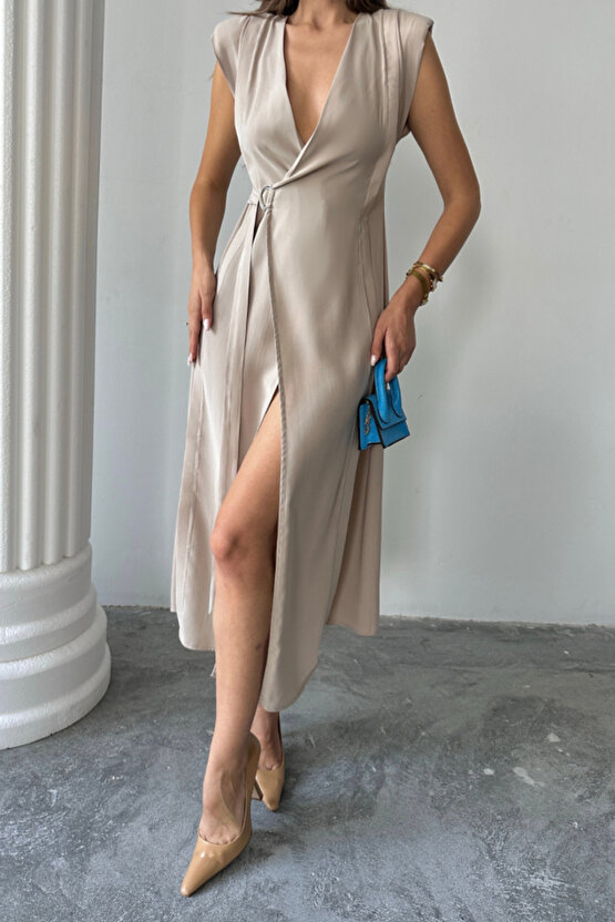 Gökyüzü Moda KRUVAZE VATKALI KOLSUZ ELBİSE MODAL KUMAŞ - Bej