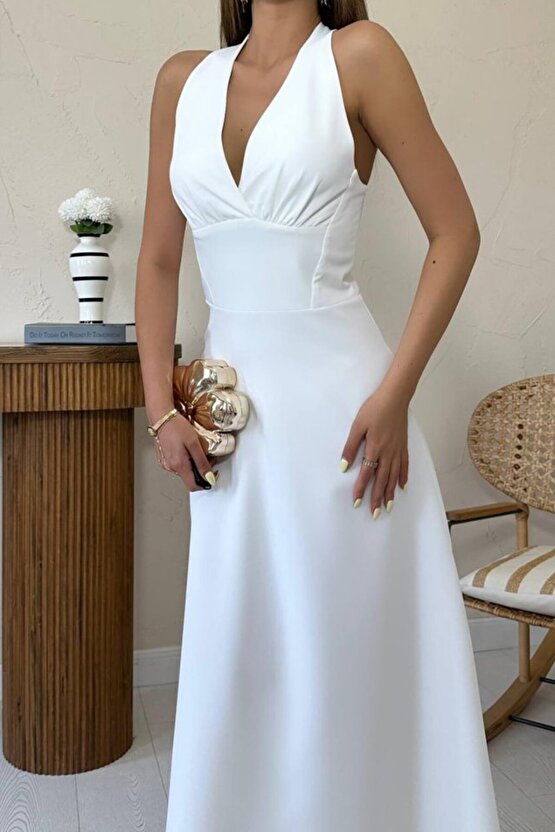 Gökyüzü Moda Ekru Atlas Göğüs Kuplu Elbise