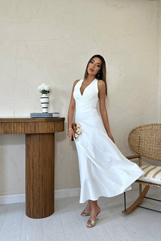 Gökyüzü Moda Ekru Atlas Göğüs Kuplu Elbise