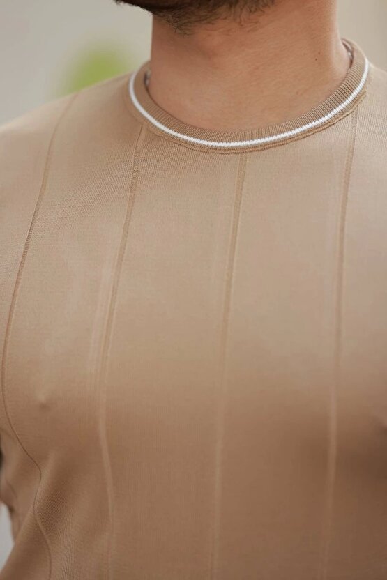 Erkek Bisiklet Yaka çizgi Desenli Ribanalı Kısa Kollu Tshirt