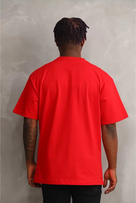 Gökyüzü Moda Unisex Baskılı Oversize T-Shirt - Kırmızı