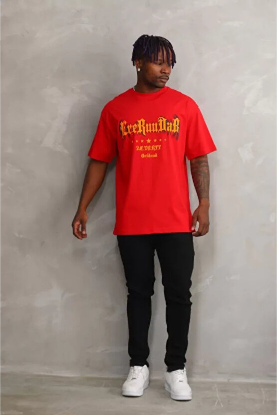 Gökyüzü Moda Unisex Baskılı Oversize T-Shirt - Kırmızı