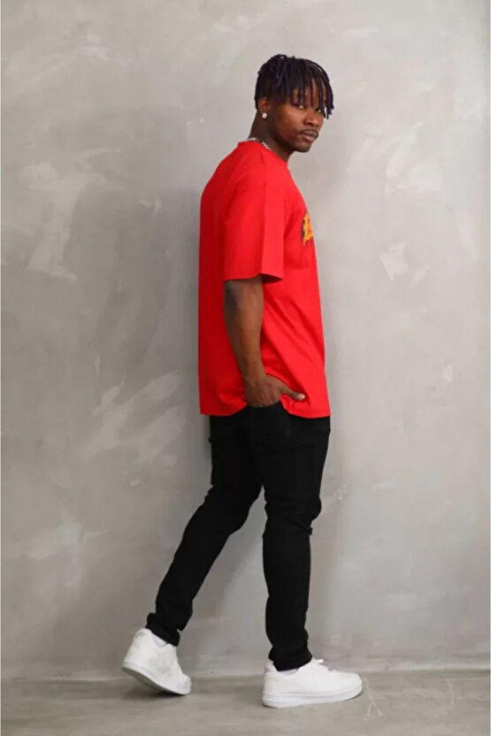 Gökyüzü Moda Unisex Baskılı Oversize T-Shirt - Kırmızı