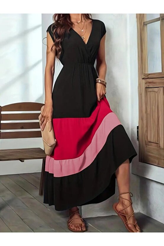 Gökyüzü Moda Kadın Kısa Kollu Kruvaze Yakalı çok Renkli Aerobin Elbise