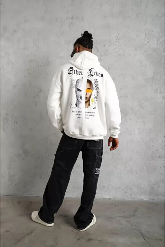 eyesof Erkek Sırt Baskılı Oversize Üç İplik Kapüşonlu Sweatshirt - Beyaz