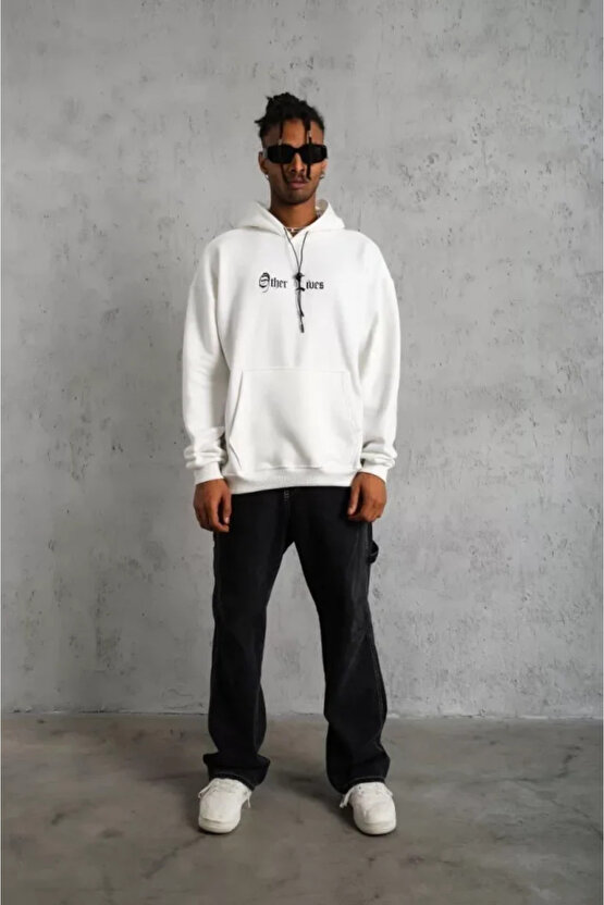 eyesof Erkek Sırt Baskılı Oversize Üç İplik Kapüşonlu Sweatshirt - Beyaz