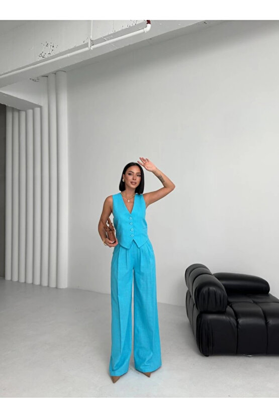 Kadın Keten Sırtı Çapraz Geçişli Cepken Pantolon İkili Takım