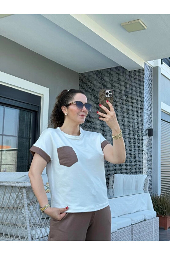 Kadın Kristal Kumaş Garnili Cep Detaylı Ikili Takım