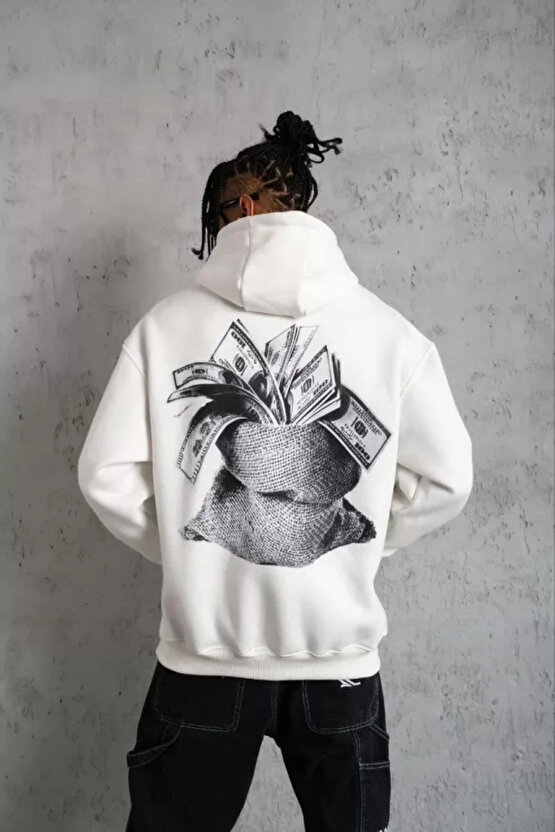 eyesof Erkek Kanguru Cep Baskılı Kapüşonlu Sweatshirt - Beyaz