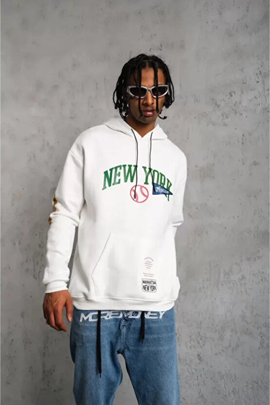 eyesof Erkek Baskılı Kapüşonlu Sweatshirt - Beyaz