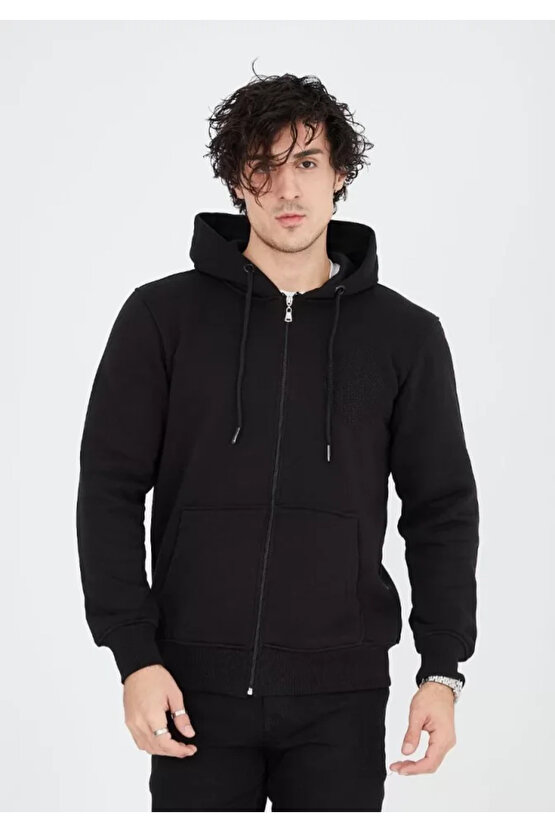 Unisex Tam Fermuarlı Kapşonlu SweatShirt - Siyah