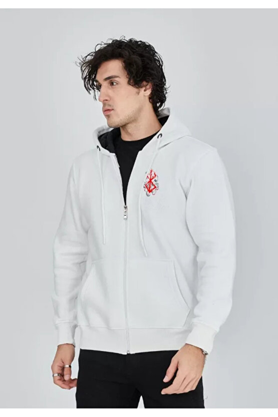 Unisex Baskılı Tam Fermuarlı Kapşonlu SweatShirt - Beyaz