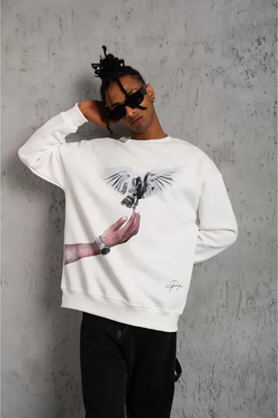 eyesof Erkek Güvercin Baskılı Sweatshirt - Beyaz