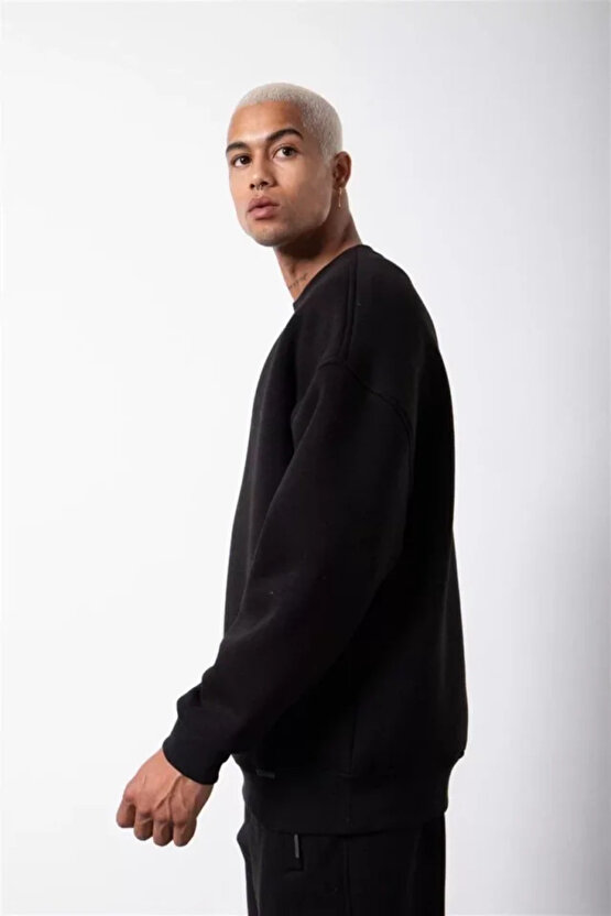 eyesof Unisex Biskilet Yaka Üç İplik SweatShirt - Siyah