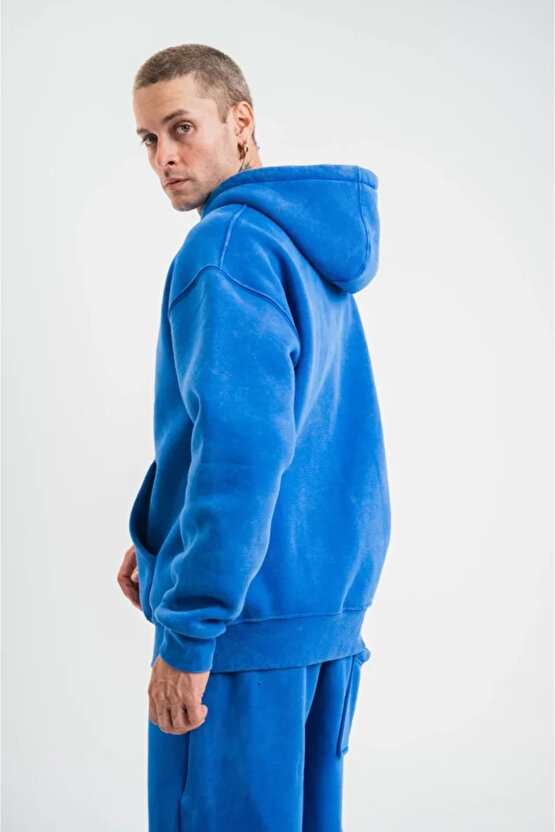 eyesof Unisex Double Oversize Kapşonlu Yıkamalı SweatShirt - Mavi