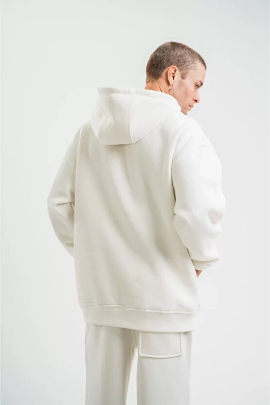 eyesof Unisex Double Oversize Kapşonlu Basic SweatShirt - Beyaz