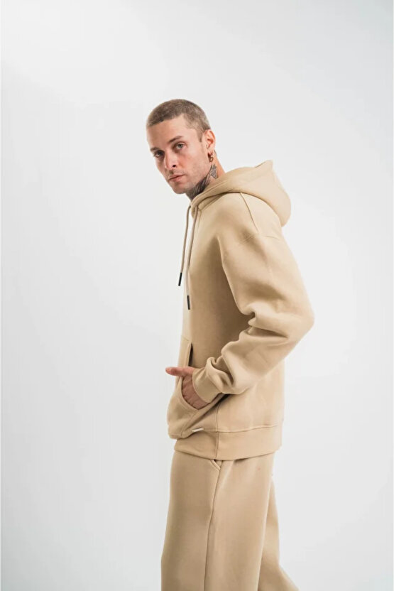eyesof Unisex Double Oversize Kapşonlu Basic SweatShirt - Bej