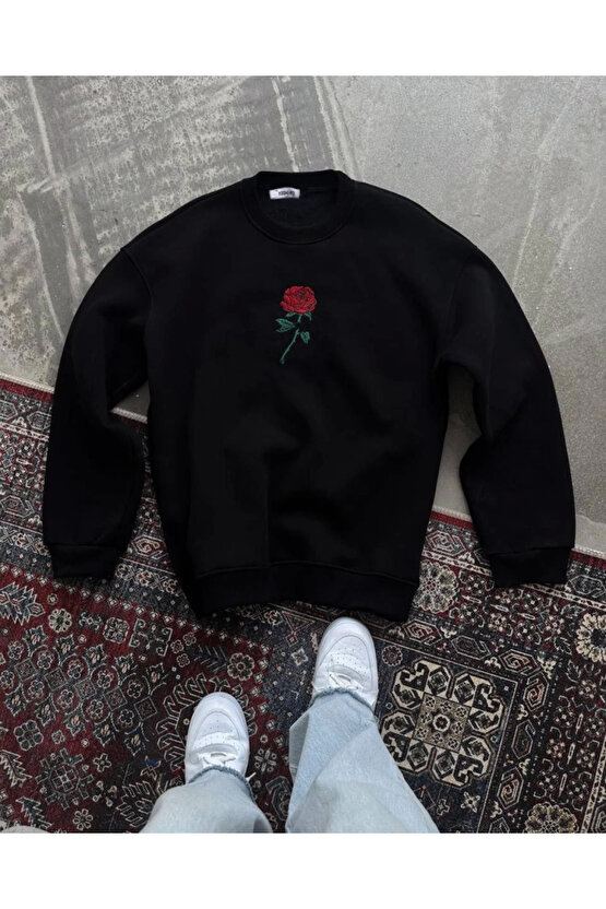 Unisex Bisiklet Yaka Ön Ve Arka Baskılı SweatShirt - Siyah