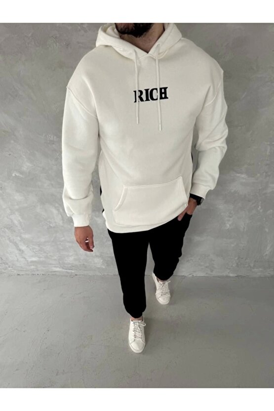 Uzun Kol Kapşonlu Göğüs Baskılı SweatShirt - Beyaz