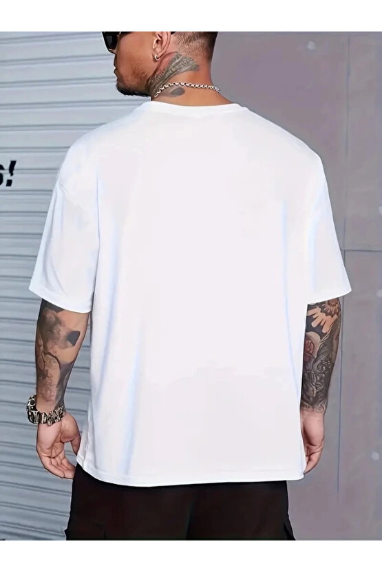 Baskılı Oversize Bisiklet Yaka T-shirt - Beyaz