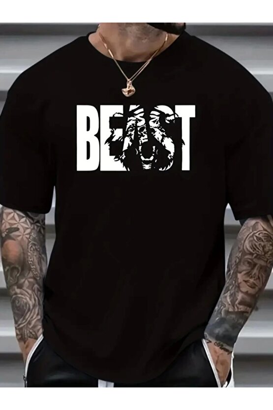 Baskılı Oversize Bisiklet Yaka T-shirt - Siyah