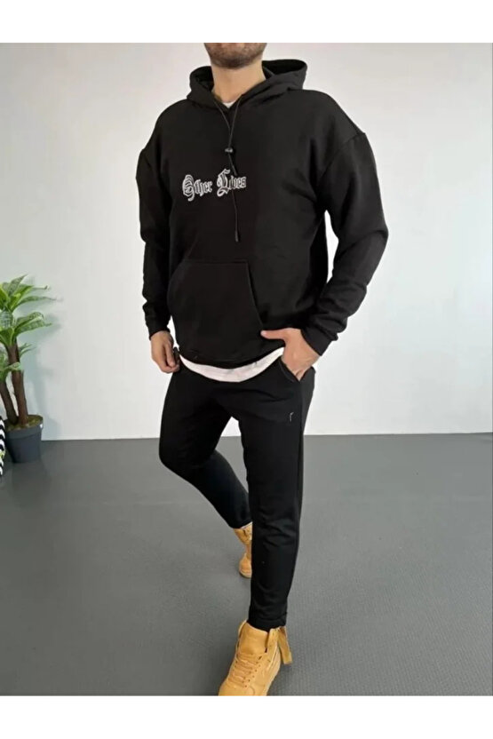 eyesof Erkek Sırt Baskılı Oversize Üç İplik Kapüşonlu Sweatshirt - Siyah